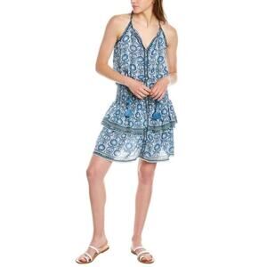 Tolani Tully Blue Print Smocked Tiered Sleeveless Mini Dress Boho Tassel